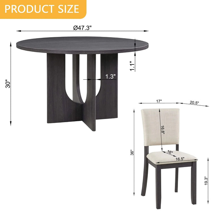 47.3' Round Dining Set with 4 Upholstered Dining Chairs, Modern Round Dining Table Set for 4, 5-Piece Round Dining Table Set for Living Room, Kitchen, Antique Black & Beige Default -DTYStore
