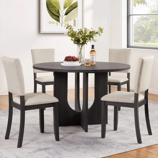 47.3' Round Dining Set with 4 Upholstered Dining Chairs, Modern Round Dining Table Set for 4, 5-Piece Round Dining Table Set for Living Room, Kitchen, Antique Black & Beige Default -DTYStore