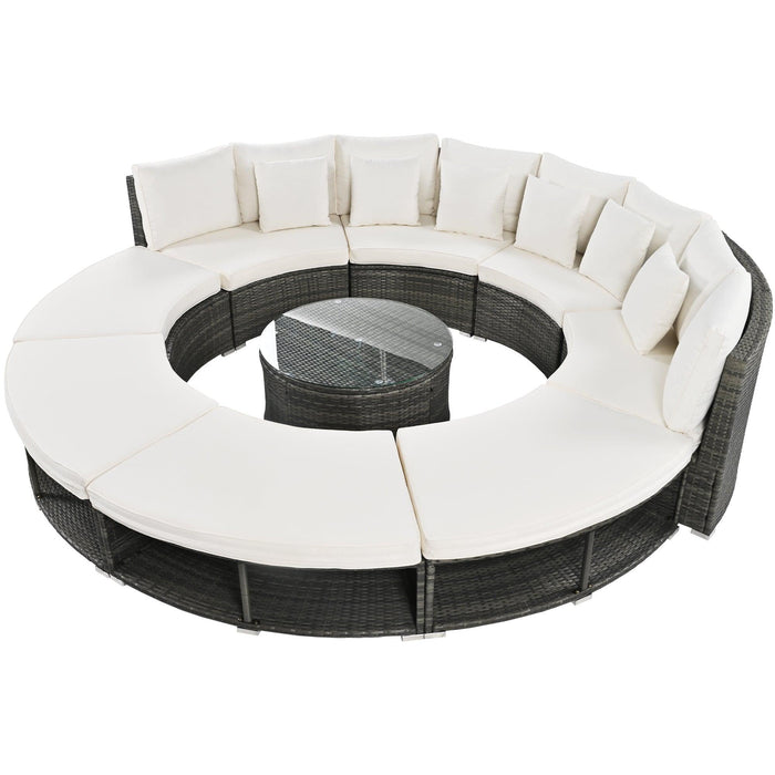Outdoor Patio Furniture Luxury Circular Outdoor Sofa Set Rattan Wicker Sectional Sofa Lounge Set with Tempered Glass Coffee Table, 6 Pillows,Beige