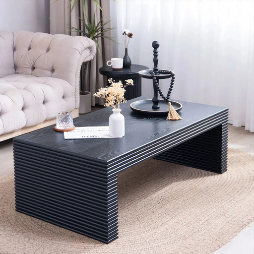 47.6 Modern Black Ribbed Coffee Table – Rectangular Low Profile Center Table for Living Room Default -DTYStore