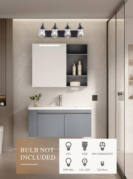 Indoor Modern Bedroom Wall Lamp In Matte Black, Iron Clear Glass Shade,4-Lights E26 Bulb Bathroom Vanity Light