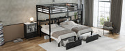 Full XL Over Twin & Twin Triple Bunk Bed with Drawers, Multi-functional Metal Frame Bed, Bed Head with Shelving & USB, Black - DTYStore