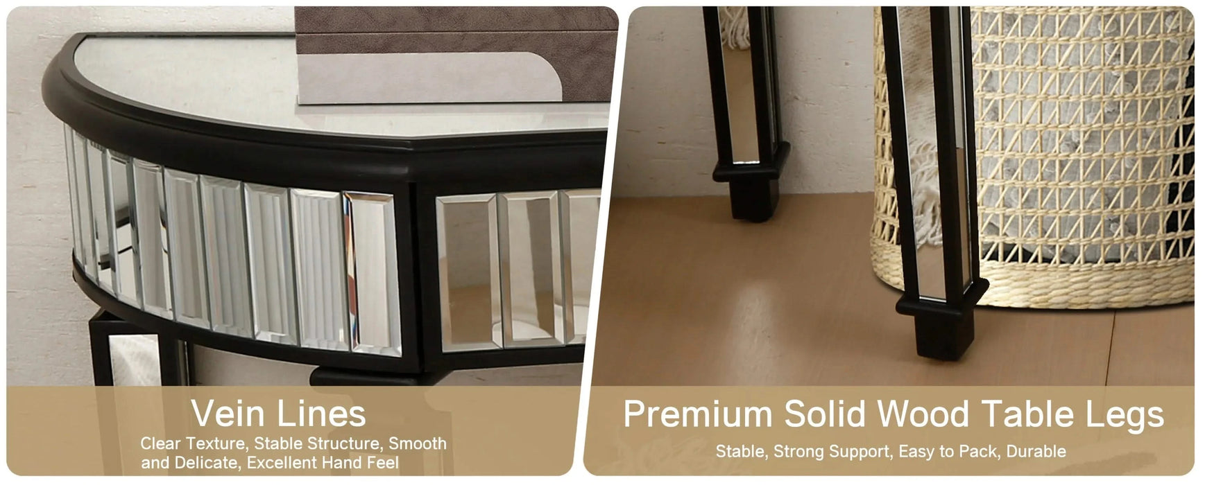 47' Half-Moon Mirrored Console Table with Fluted Glass & Crystal Knob Drawer - Silver Entryway Vanity Desk for Bedroom/Dressing Room(Black+Sliver) Default -DTYStore