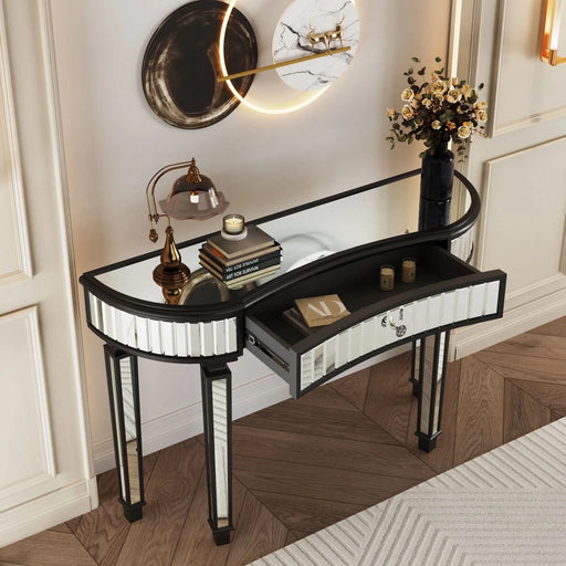 47' Half-Moon Mirrored Console Table with Fluted Glass & Crystal Knob Drawer - Silver Entryway Vanity Desk for Bedroom/Dressing Room(Black+Sliver) Default -DTYStore
