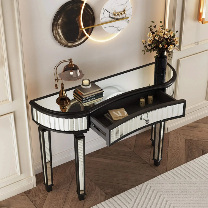 47' Half-Moon Mirrored Console Table with Fluted Glass & Crystal Knob Drawer - Silver Entryway Vanity Desk for Bedroom/Dressing Room(Black+Sliver) Default -DTYStore
