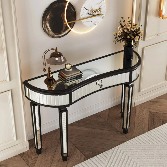 47' Half-Moon Mirrored Console Table with Fluted Glass & Crystal Knob Drawer - Silver Entryway Vanity Desk for Bedroom/Dressing Room(Black+Sliver) Default -DTYStore
