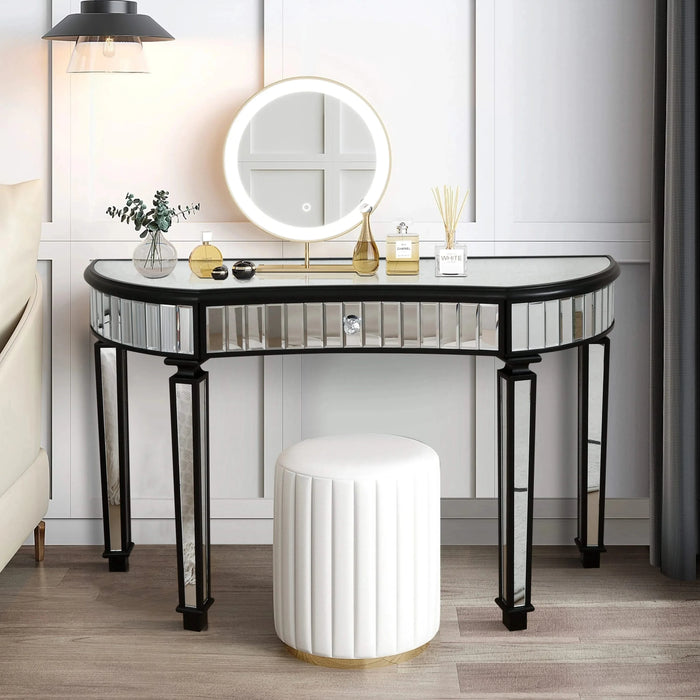 47' Half-Moon Mirrored Console Table with Fluted Glass & Crystal Knob Drawer - Silver Entryway Vanity Desk for Bedroom/Dressing Room(Black+Sliver) Default -DTYStore