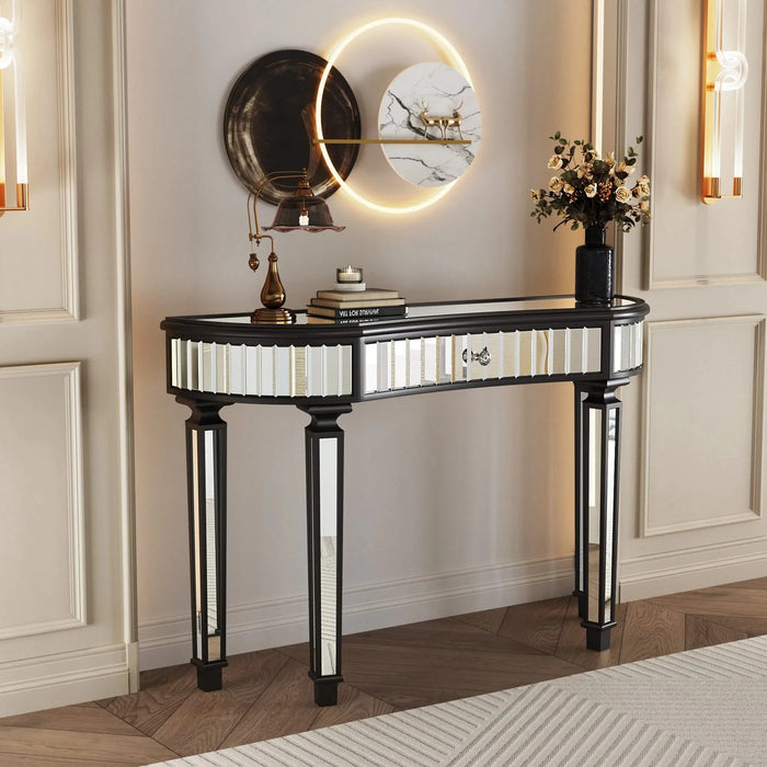 47' Half-Moon Mirrored Console Table with Fluted Glass & Crystal Knob Drawer - Silver Entryway Vanity Desk for Bedroom/Dressing Room(Black+Sliver) Default -DTYStore
