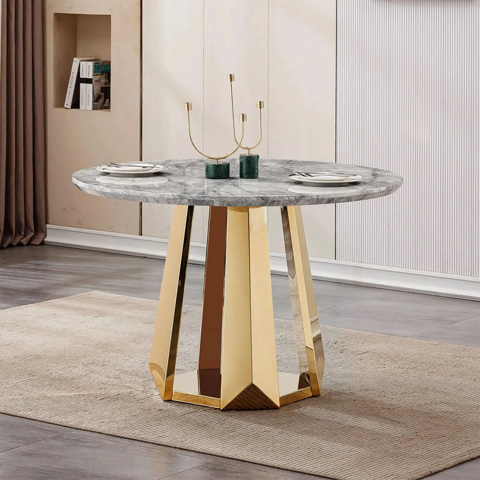 47' Round Marble Dining Table, Modern Kitchen Table with High Gloss Faux Marble Tabletop and Stainless Steel Base for Dining Room, Kitchen (Gold,Gray)(only table) Default -DTYStore