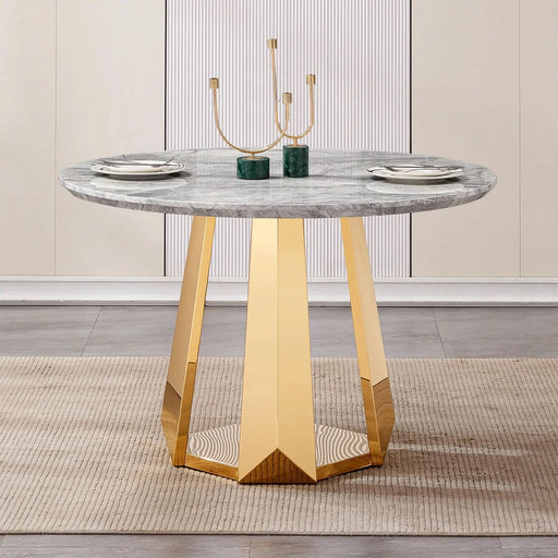 47' Round Marble Dining Table, Modern Kitchen Table with High Gloss Faux Marble Tabletop and Stainless Steel Base for Dining Room, Kitchen (Gold,Gray)(only table) Default -DTYStore