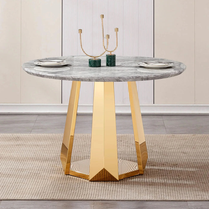 47' Round Marble Dining Table, Modern Kitchen Table with High Gloss Faux Marble Tabletop and Stainless Steel Base for Dining Room, Kitchen (Gold,Gray)(only table) Default -DTYStore