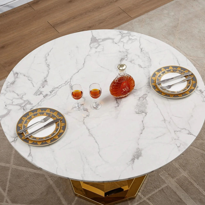 47' Round Marble Dining Table, Modern Kitchen Table with High Gloss Faux Marble Tabletop and Stainless Steel Base for Dining Room, Kitchen (Gold,White)(only table) Default -DTYStore