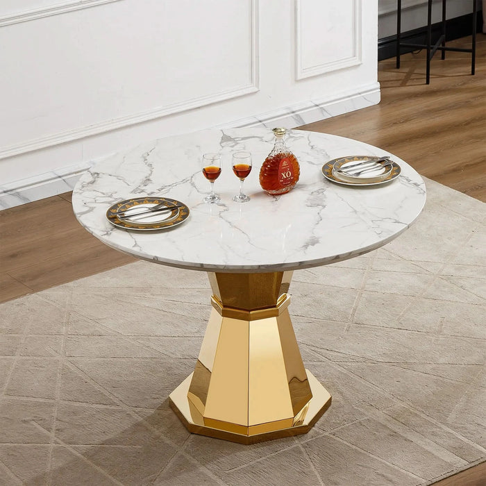 47' Round Marble Dining Table, Modern Kitchen Table with High Gloss Faux Marble Tabletop and Stainless Steel Base for Dining Room, Kitchen (Gold,White)(only table) Default -DTYStore