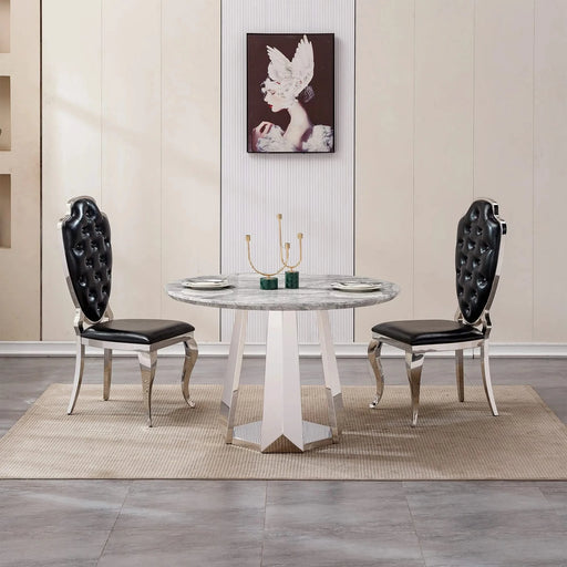 47' Round Marble Dining Table, Modern Kitchen Table with High Gloss Faux Marble Tabletop and Stainless Steel Base for Dining Room, Kitchen (Sliver,Gray)(only table) Default -DTYStore
