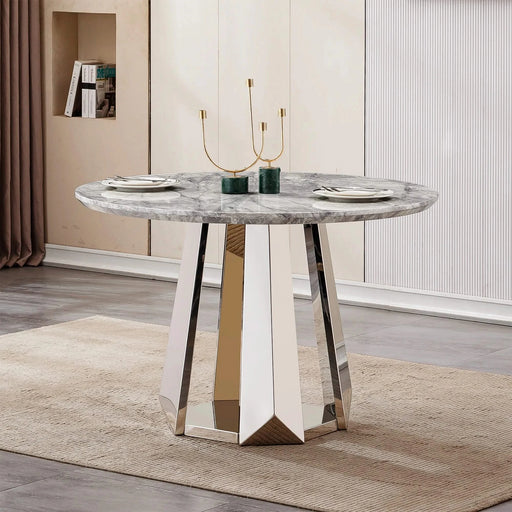 47' Round Marble Dining Table, Modern Kitchen Table with High Gloss Faux Marble Tabletop and Stainless Steel Base for Dining Room, Kitchen (Sliver,Gray)(only table) Default -DTYStore
