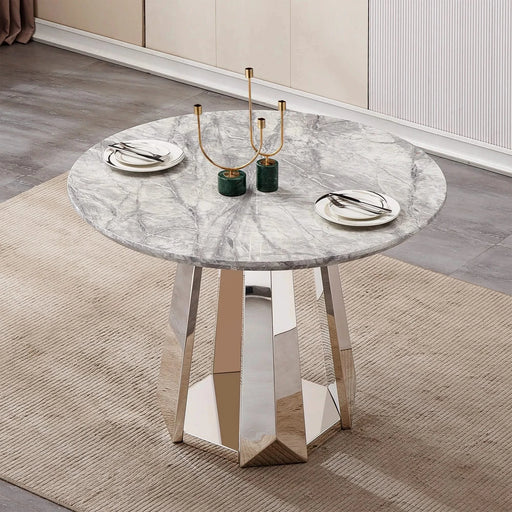47' Round Marble Dining Table, Modern Kitchen Table with High Gloss Faux Marble Tabletop and Stainless Steel Base for Dining Room, Kitchen (Sliver,Gray)(only table) Default -DTYStore