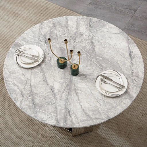 47' Round Marble Dining Table, Modern Kitchen Table with High Gloss Faux Marble Tabletop and Stainless Steel Base for Dining Room, Kitchen (Sliver,Gray)(only table) Default -DTYStore