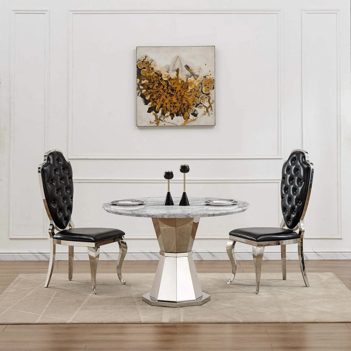 47' Round Marble Dining Table, Modern Kitchen Table with High Gloss Faux Marble Tabletop and Stainless Steel Base for Dining Room, Kitchen (Sliver,Gray)(only table) Default -DTYStore