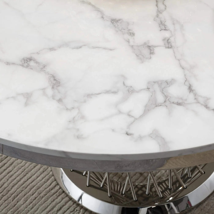 47' Round Marble Dining Table, Modern Kitchen Table with High Gloss Faux Marble Tabletop and Stainless Steel Base for Dining Room, Kitchen (Sliver,White)(Only a table) Default -DTYStore