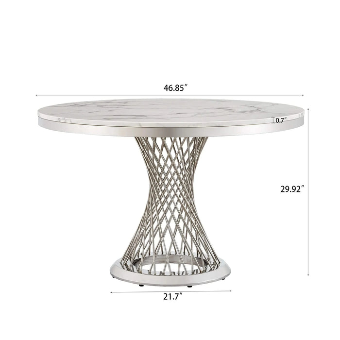 47' Round Marble Dining Table, Modern Kitchen Table with High Gloss Faux Marble Tabletop and Stainless Steel Base for Dining Room, Kitchen (Sliver,White)(Only a table) Default -DTYStore