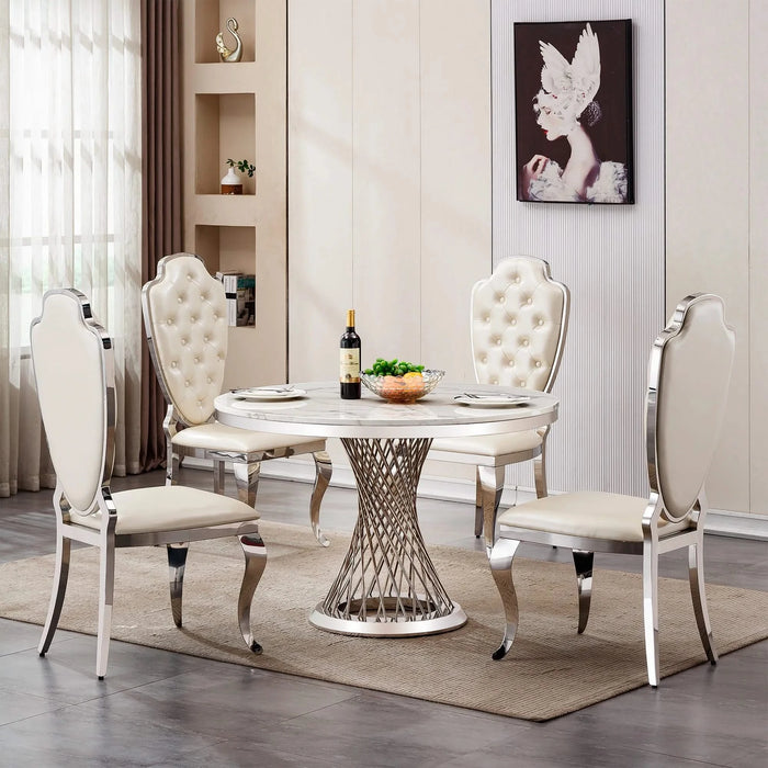 47' Round Marble Dining Table, Modern Kitchen Table with High Gloss Faux Marble Tabletop and Stainless Steel Base for Dining Room, Kitchen (Sliver,White)(Only a table) Default -DTYStore