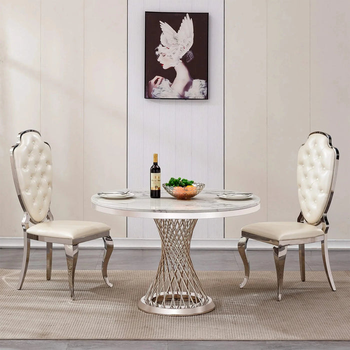 47' Round Marble Dining Table, Modern Kitchen Table with High Gloss Faux Marble Tabletop and Stainless Steel Base for Dining Room, Kitchen (Sliver,White)(Only a table) Default -DTYStore