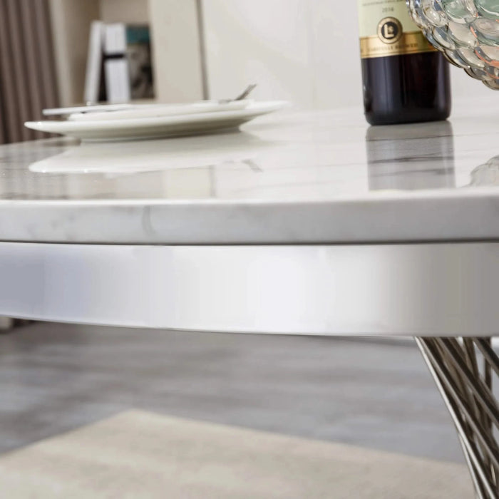 47' Round Marble Dining Table, Modern Kitchen Table with High Gloss Faux Marble Tabletop and Stainless Steel Base for Dining Room, Kitchen (Sliver,White)(Only a table) Default -DTYStore