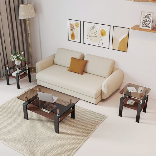 Set of 2 Modern Tempered Glass Tea Table ,Tempered Glass Tabletop with MDF Layer,Coffee Table,End Table, Square Table for Living Room, Brown/black - Image 4