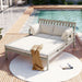 Outdoor Daybed, Patio Daybed with Four Pillows, Wooden Outdoor Bed with Curved Armrests for Poolside, Backyard, Garden (Gray+Beige Cushion) - DTYStore