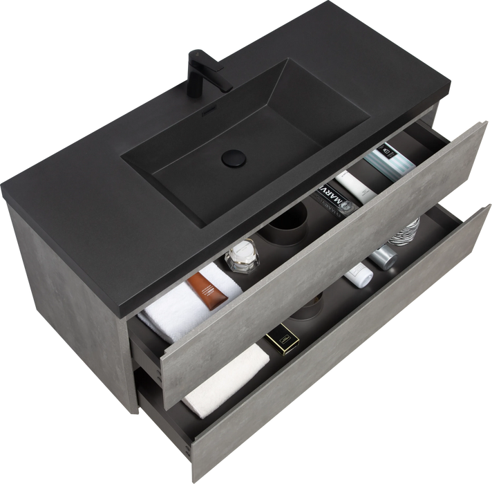 48' Floating Bathroom Vanity with Sink, Modern Wall-Mounted Bathroom Storage Vanity Cabinet with Black Quartz Sand Top Basin and Soft Close Drawers, EDI-Series Cement Grey 24V12-48GR Default -DTYStore