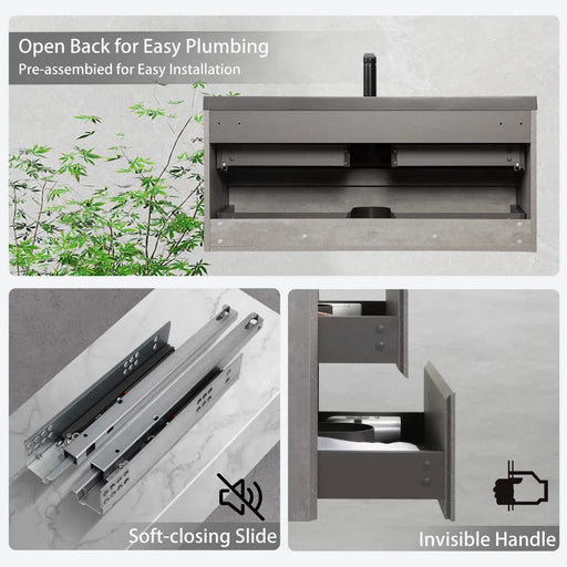 48' Floating Bathroom Vanity with Sink, Modern Wall-Mounted Bathroom Storage Vanity Cabinet with Black Quartz Sand Top Basin and Soft Close Drawers, EDI-Series Cement Grey 24V12-48GR Default -DTYStore