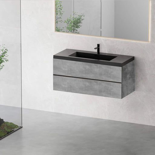 48' Floating Bathroom Vanity with Sink, Modern Wall-Mounted Bathroom Storage Vanity Cabinet with Black Quartz Sand Top Basin and Soft Close Drawers, EDI-Series Cement Grey 24V12-48GR Default -DTYStore