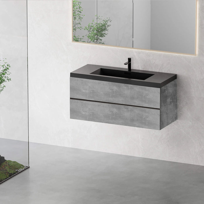 48' Floating Bathroom Vanity with Sink, Modern Wall-Mounted Bathroom Storage Vanity Cabinet with Black Quartz Sand Top Basin and Soft Close Drawers, EDI-Series Cement Grey 24V12-48GR Default -DTYStore