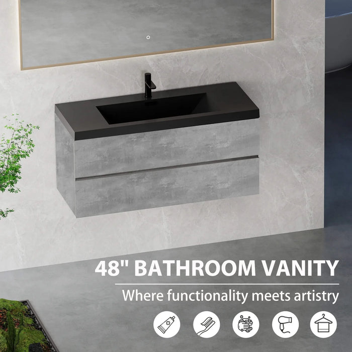 48' Floating Bathroom Vanity with Sink, Modern Wall-Mounted Bathroom Storage Vanity Cabinet with Black Quartz Sand Top Basin and Soft Close Drawers, EDI-Series Cement Grey 24V12-48GR Default -DTYStore