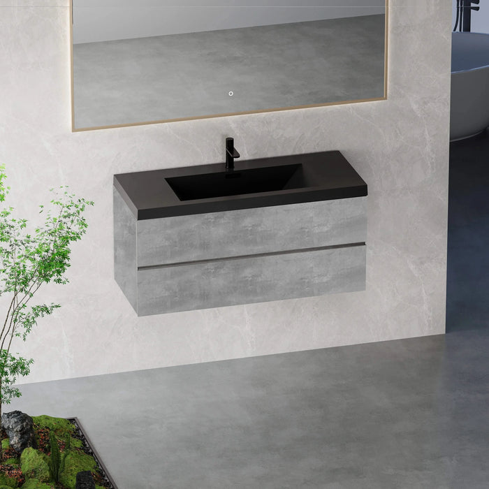 48' Floating Bathroom Vanity with Sink, Modern Wall-Mounted Bathroom Storage Vanity Cabinet with Black Quartz Sand Top Basin and Soft Close Drawers, EDI-Series Cement Grey 24V12-48GR Default -DTYStore