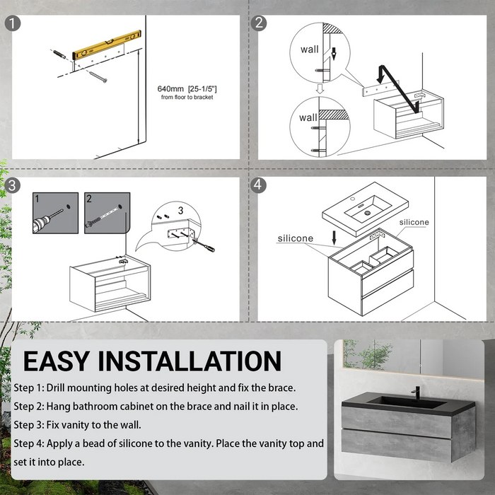 48' Floating Bathroom Vanity with Sink, Modern Wall-Mounted Bathroom Storage Vanity Cabinet with Black Quartz Sand Top Basin and Soft Close Drawers, EDI-Series Cement Grey 24V12-48GR Default -DTYStore