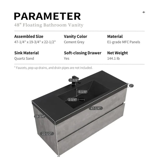 48' Floating Bathroom Vanity with Sink, Modern Wall-Mounted Bathroom Storage Vanity Cabinet with Black Quartz Sand Top Basin and Soft Close Drawers, EDI-Series Cement Grey 24V12-48GR Default -DTYStore