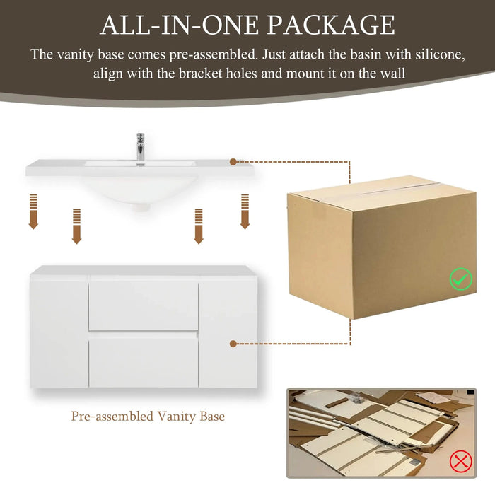 48' Floating Bathroom Vanity with Sink, Modern Wall-Mounted Bathroom Storage Vanity Cabinet with Resin Top Basin and Soft Close Drawers, Glossy White 24V11-48GW Default -DTYStore