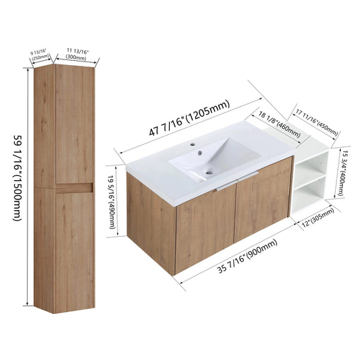 48' Wall-Mounted Bathroom Vanity With Sink and Side Cabinet, Soft Close Doors,00112IMOx2-0636IMO-0612GWH Combination Cabinet(KD-Packing) Default -DTYStore