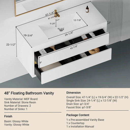 48' Wall-Mounted Bathroom Vanity with Sink, Floating Bathroom Storage Cabinet with Stone Resin Countertop and Soft Close Drawers, Glossy White 24V15-48GW Default -DTYStore