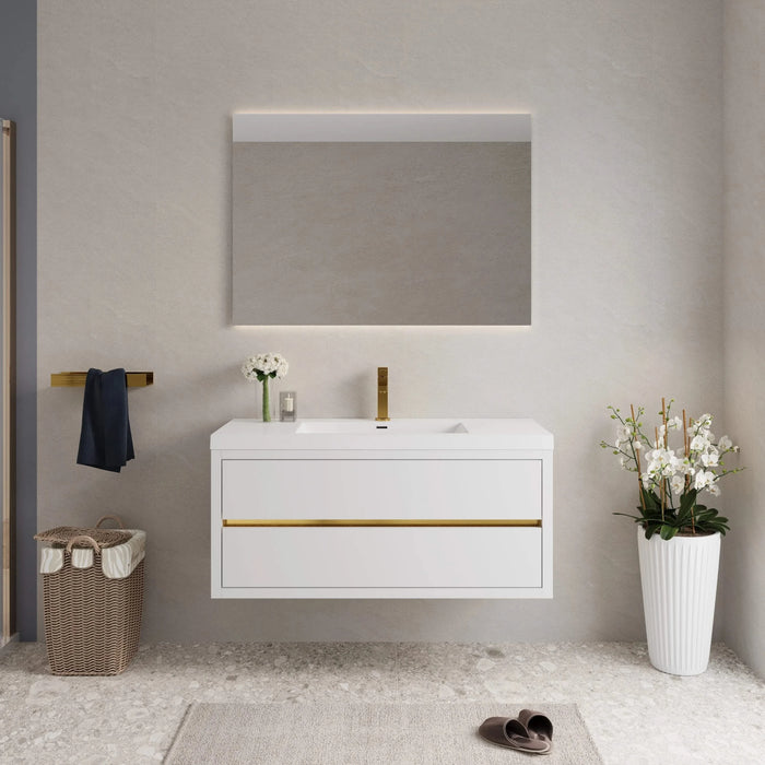 48' Wall-Mounted Bathroom Vanity with Sink, Floating Bathroom Storage Cabinet with Stone Resin Countertop and Soft Close Drawers, Glossy White 24V15-48GW Default -DTYStore