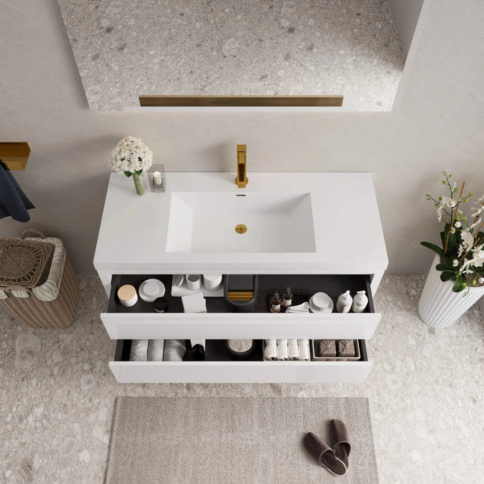 48' Wall-Mounted Bathroom Vanity with Sink, Floating Bathroom Storage Cabinet with Stone Resin Countertop and Soft Close Drawers, Glossy White 24V15-48GW Default -DTYStore