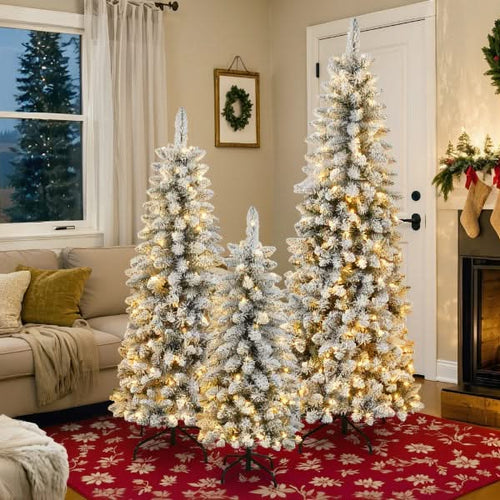 3 Pcs Flocked Artificial Christmas Tree Set with Lights, 4ft 5ft 6ft Christmas Snow Tree Set, Christmas Decor - Image 26