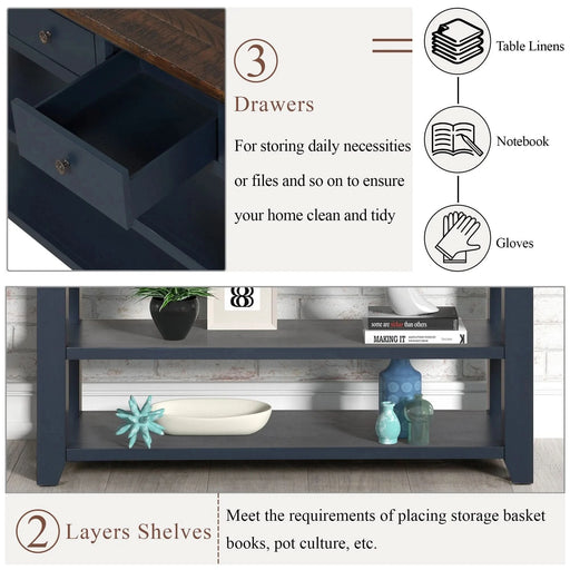 49'' Rectangular Solid Pine Wood 3-drawer 2-shelf Console Table Default -DTYStore