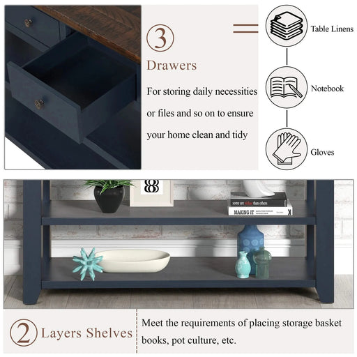 49'' Rectangular Solid Pine Wood 3-drawer 2-shelf Console Table Default -DTYStore