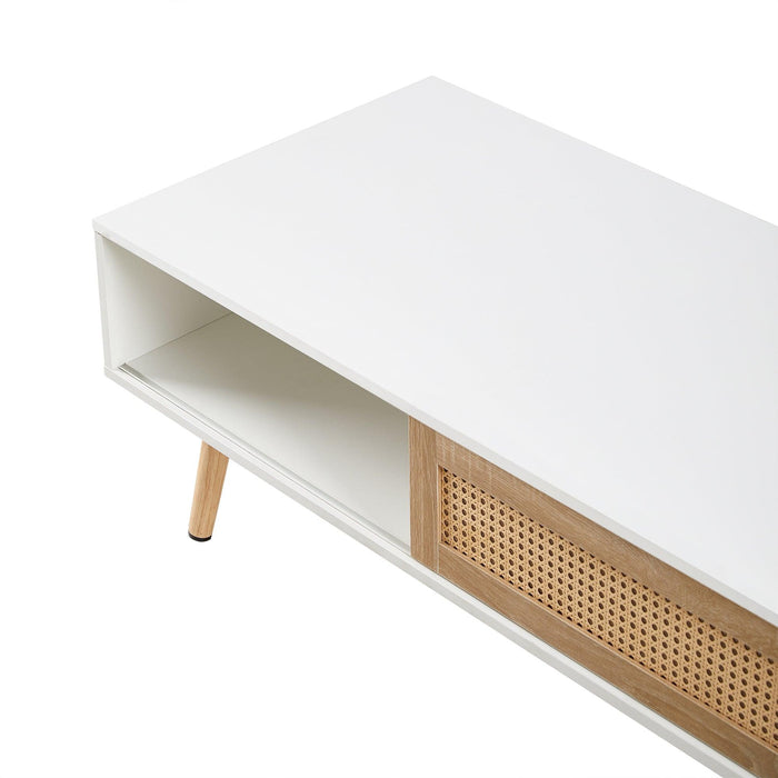 41.34" Rattan Coffee table, sliding door for storage, solid wood legs, Modern table for living room ,White - DTYStore