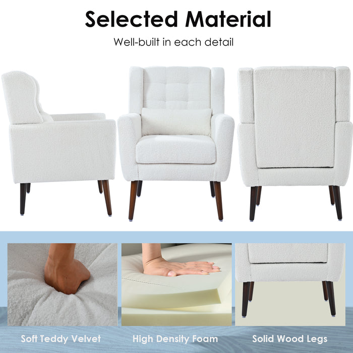 Modern Accent Chair,Teddy Fabric Living Room Chairs Comfy Reading Chair,Mid Century Accent Chair, Lounge Arm Chairs Armchair for Living Room Bedroom (White)