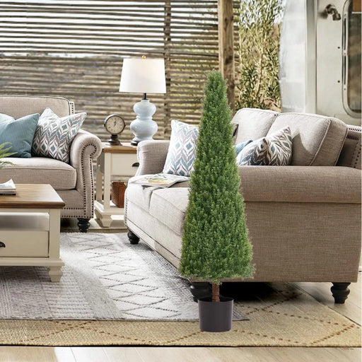 4FT Conical Topiary Cedar Trees Artificial Outdoor Lifelike Faux Evergreen Shrubs and Bushes, UV Resistant Fake Potted Plants for Front Porch and Garden Decor, 2pcs/set Default -DTYStore