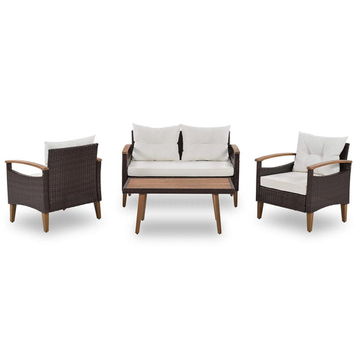 4 Piece PE Rattan Outdoor Sofa Set with Wood Table and Legs, Brown and Beige Default -DTYStore