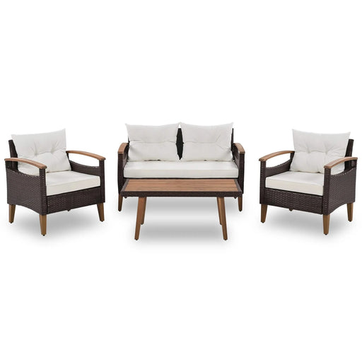 4 Piece PE Rattan Outdoor Sofa Set with Wood Table and Legs, Brown and Beige Default -DTYStore